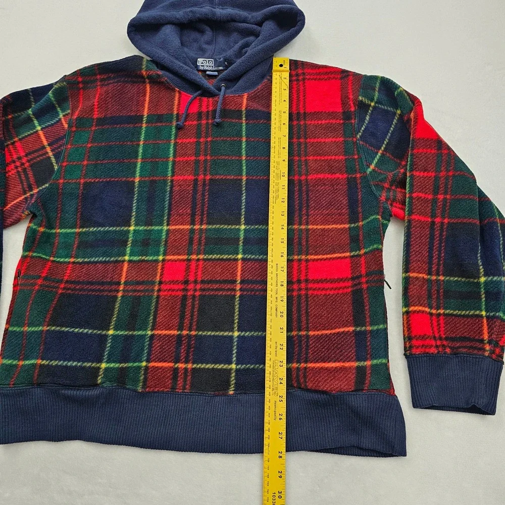 Polo Ralph Lauren Fleece Hoodie Mens XL‎ Red Navy Plaid Side Zip Vintage 90s USA